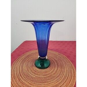 Vintage Gorgeous Designs Colbalt & Green Trumpet Vase Hand Blown 1980s Art Glass